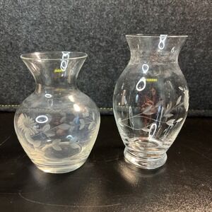 (2)‎ Princess House Heritage 4.5" 5" Flower Vase Etched Floral Clear Glassware